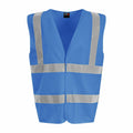 The RX700 by ProRTX is a sleeveless, open-front high-visibility safety vest in bright blue, featuring reflective silver stripes across the chest and shoulders to enhance visibility and ensure safety.