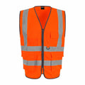 ProRTX RX705 safety vest in orange, featuring reflective stripes and multiple pockets.