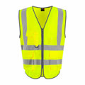 The ProRTX RX705 is a bright yellow high-visibility safety vest with gray reflective stripes, designed with a zip closure and multiple front pockets.