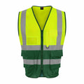 Product RX705 by ProRTX is a high-visibility safety vest in green and yellow, featuring reflective gray stripes and multiple pockets.