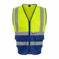 Introducing the RX705 by ProRTX: This high-visibility safety vest is crafted in neon yellow and blue, featuring reflective silver stripes for enhanced visibility. It comes equipped with multiple front pockets for storage convenience and a secure zipper closure.