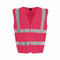 The RX70J pink safety vest by ProRTX features two vertical and two horizontal reflective silver stripes on the front, displayed against a white background.
