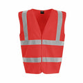 A ProRTX RX70J safety vest in red, featuring reflective silver stripes on the front and shoulders, displayed against a plain white background.