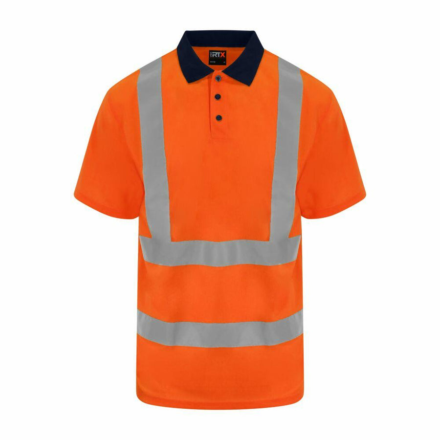 ProRTX RX710 safety shirt in orange, featuring reflective stripes and a black collar.