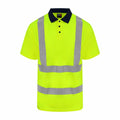 The ProRTX RX710 is a high-visibility polo shirt in bright yellow, featuring reflective silver stripes and a black collar.