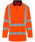 Product RX715 from ProRTX is a high-visibility long-sleeve shirt in orange, featuring reflective gray stripes and a black collar.