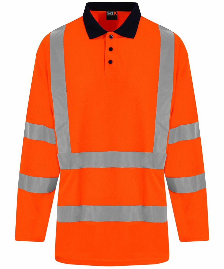 Product RX715 from ProRTX is a high-visibility long-sleeve shirt in orange, featuring reflective gray stripes and a black collar.