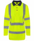 The RX715 by ProRTX is a neon yellow long-sleeve high-visibility polo shirt featuring reflective gray strips and a black collar.