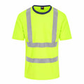 The ProRTX RX720 is a bright yellow safety shirt featuring reflective silver stripes on the front and sleeves.