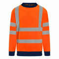 The RX730 by ProRTX is a high-visibility sweatshirt featuring a bright orange color, reflective silver stripes, and dark cuffs and collar.