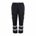 ProRTX's RX760 black work pants include reflective gray stripes on the lower legs and feature side pockets.