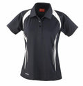 The Spiro S177F is a black sports shirt featuring short sleeves and white accents, complete with a collar.