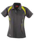 Introducing the S177F from Spiro: a gray short-sleeve polo shirt featuring yellow accents and a buttoned collar.