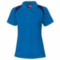 Product S177F by Spiro is a stylish polo shirt in blue with dark blue accents on the shoulders. It features a collar and short sleeves, along with a buttoned placket and a subtle logo at the bottom.