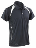 The S177M by Spiro is a black polo shirt with short sleeves and white side panels, featuring a three-button collar and the "Spiro" brand name near the hemline.