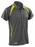 The S177M by Spiro is a gray polo shirt with yellow accents on the shoulders and sides, featuring short sleeves and a buttoned collar.