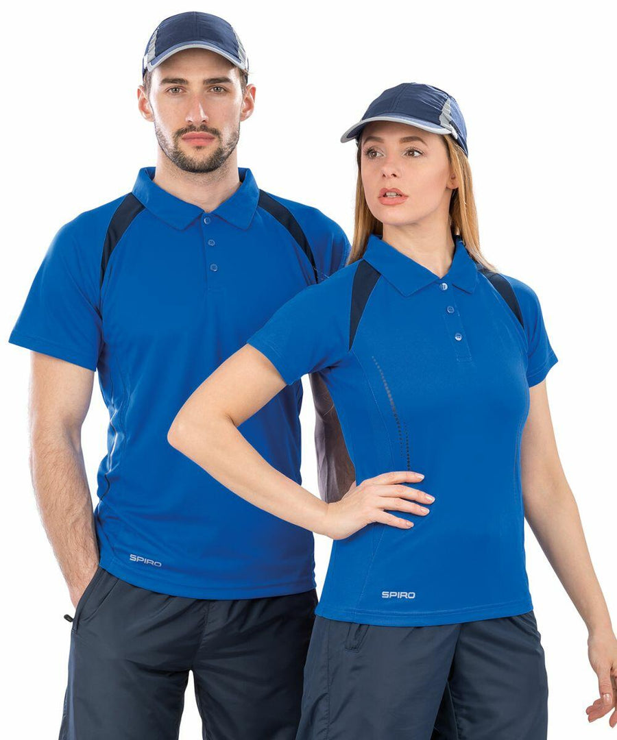 A man and a woman wearing Spiro S177M blue polo shirts and matching caps pose for the camera.