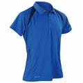 A blue S177M polo shirt by Spiro, featuring short sleeves and a black accent on the shoulders and sides. The shirt is designed with a collar and buttoned placket, with the brand name SPIRO printed near the bottom hem.