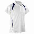 A S177M white short-sleeve sports polo shirt featuring a collar and blue accents on the shoulders and sides. It has a buttoned neckline and displays the Spiro brand name near the bottom. The shirt is shown against a white background.