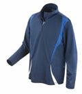 The Spiro S178X is an athletic jacket featuring long sleeves, a quarter-zip collar, and navy and blue colors with white accents on the sides.
