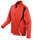 The Spiro S178X is a long-sleeve sports jacket in red, showcasing black and white curved accents on the shoulders and sides. It includes a quarter-zip front and a standing collar, all presented against a plain white background.