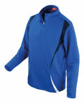 Introducing the Spiro S178X: a long-sleeved athletic shirt in blue with a quarter zip design, accented by sleek black and white stripes along the sides. The shirt is showcased on a white background from a right-side perspective.