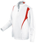 A Spiro S178X white long-sleeve pullover featuring red accents on the sides and shoulders, complete with a quarter-zip collar and a sleek, sporty design.