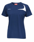 S182F short-sleeve athletic shirt in blue featuring a white curved design and the "Spiro" logo on the chest.