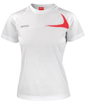 White short-sleeve athletic shirt featuring a red swoosh design on the front and "SPIRO" logo on the chest from the Spiro brand's S182F line.