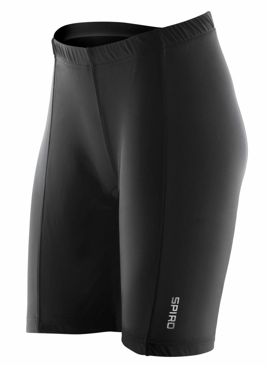 Black S187F compression shorts from Spiro, featuring an elastic waistband and a logo near the hem.