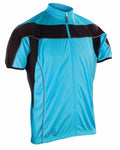 Spiro's S188M cycling jersey, featuring a front zipper and short sleeves, is available in blue and black.