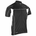 A Spiro S188M short-sleeve cycling jersey in black and white, featuring a front zipper and stand-up collar.