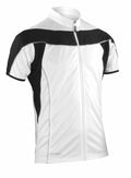The Spiro S188M is a white cycling jersey designed with black accents on the shoulders and sides, featuring a front zipper and short sleeves.