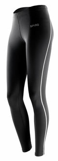 Black athletic leggings with a white stripe down the side and the Spiro brand name on the upper thigh, known as product S251F.