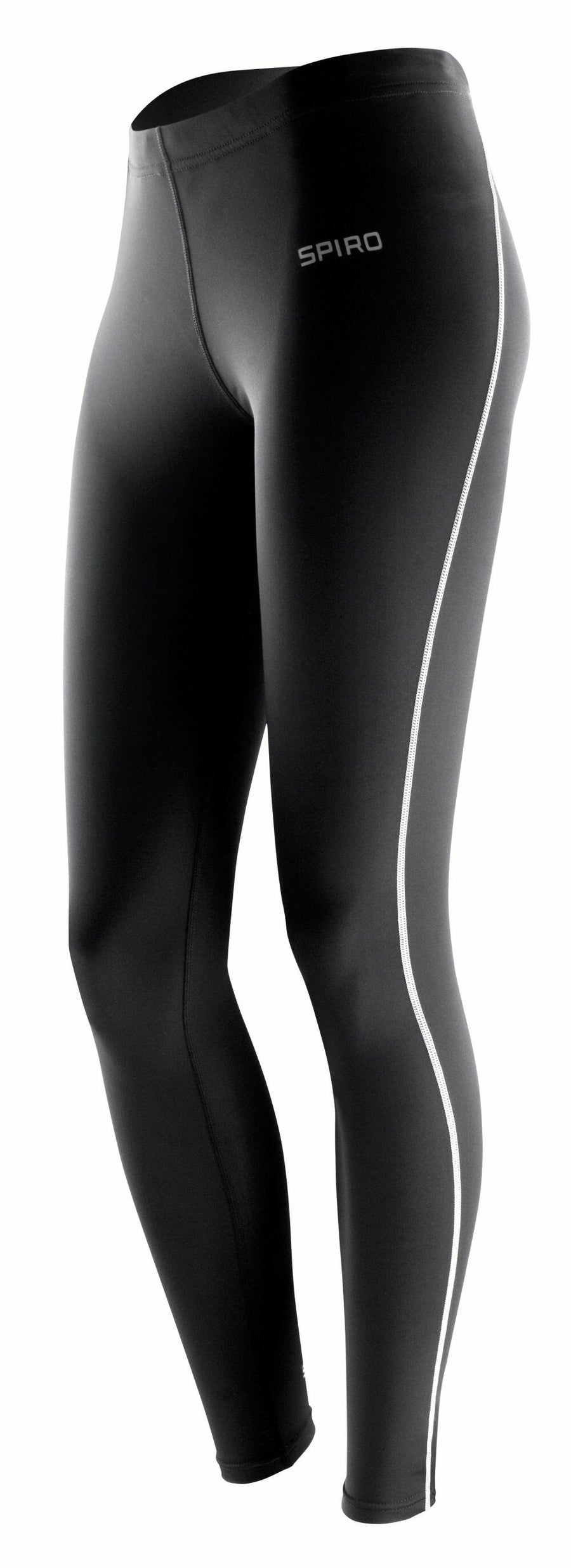 Black athletic leggings with a white stripe down the side and the Spiro brand name on the upper thigh, known as product S251F.