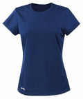 A plain navy blue short-sleeve athletic t-shirt with a small "Spiro" logo at the bottom left and the product name S253F.