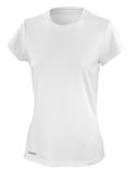 A short-sleeved athletic T-shirt from Spiro, featuring a round neckline and printed with the brand name on the lower left side. The fabric is lightweight and breathable, designed for comfort in a plain white design.