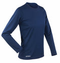 A navy blue athletic shirt featuring long sleeves and a crew neck, with the "Spiro" brand name printed on the lower left front.