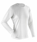 A plain white long-sleeve athletic shirt with a round neck against a white background, featuring the brand name Spiro printed subtly near the hem.