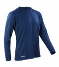 A plain navy blue long-sleeved sports shirt featuring "SPIRO" on the bottom left corner, known as the S254M from the brand Spiro.