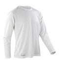 A plain white long-sleeve athletic shirt, model S254M, displayed against a white background. The shirt includes a round neckline and the brand name Spiro printed in small letters near the bottom hem.
