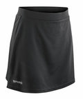 A black athletic skirt featuring "Spiro" in white at the bottom left, product name S261F.