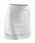 A white athletic skirt with a slight sheen, featuring the brand name "Spiro" in gray on the lower left side, known as product S261F.