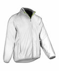 The Spiro S266X jacket is a silver reflective piece with a front zipper and two side pockets, featuring a high collar and contrasting green inner lining.