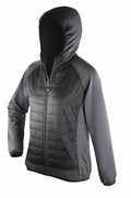 Introducing the Spiro S268F: a black hooded jacket featuring a smooth fabric for the sleeves and hood, complemented by a front zipper and quilted pattern on the torso.
