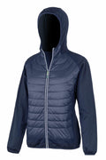 The Spiro S268F is a navy blue hooded jacket featuring a quilted front and a full zipper closure.