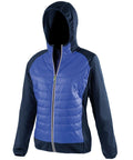 The Spiro S268F jacket is blue and black, with a hood, a quilted front design, and a full-length zipper.