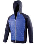 A Spiro S268M hooded jacket featuring a blue and black color scheme, complete with a front zipper and quilted design on the chest and back panels.