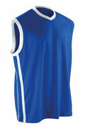 The Spiro S278M is a sleeveless sports jersey in blue and features white trim on the collar and sides.