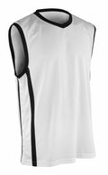 The Spiro S278M jersey is a sleeveless white sports top featuring black trim on the sides and around the neck. Designed with a sleek, athletic style, it is ideal for basketball and other sports activities.